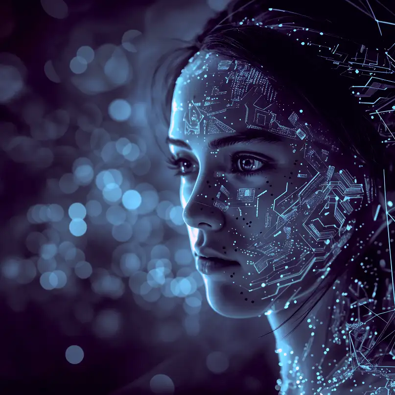 Futuristic portrait of a woman with glowing circuit patterns on her face, blue bokeh background.